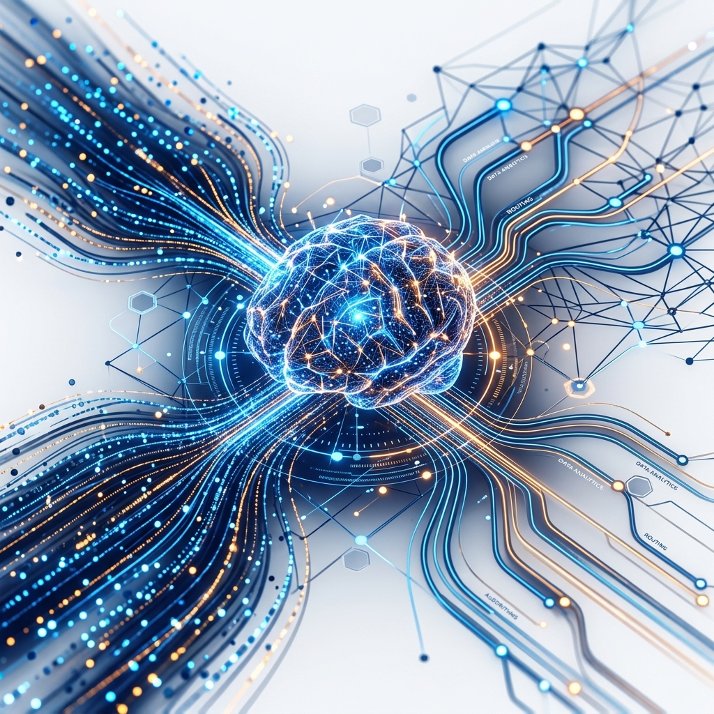 Sleek glowing AI brain organizing data